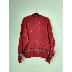 VTG Mens Grandpa Sweater L Red Cosby Geometric Print 80s 90s Retro Dad Diamond